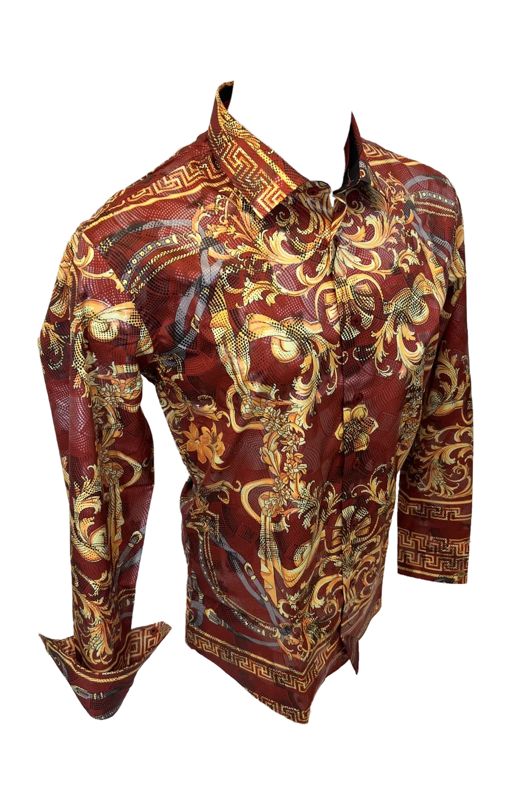 Men's Long Sleeve Button Down Dress Shirt Burgundy Red Gold Jewel Geometric