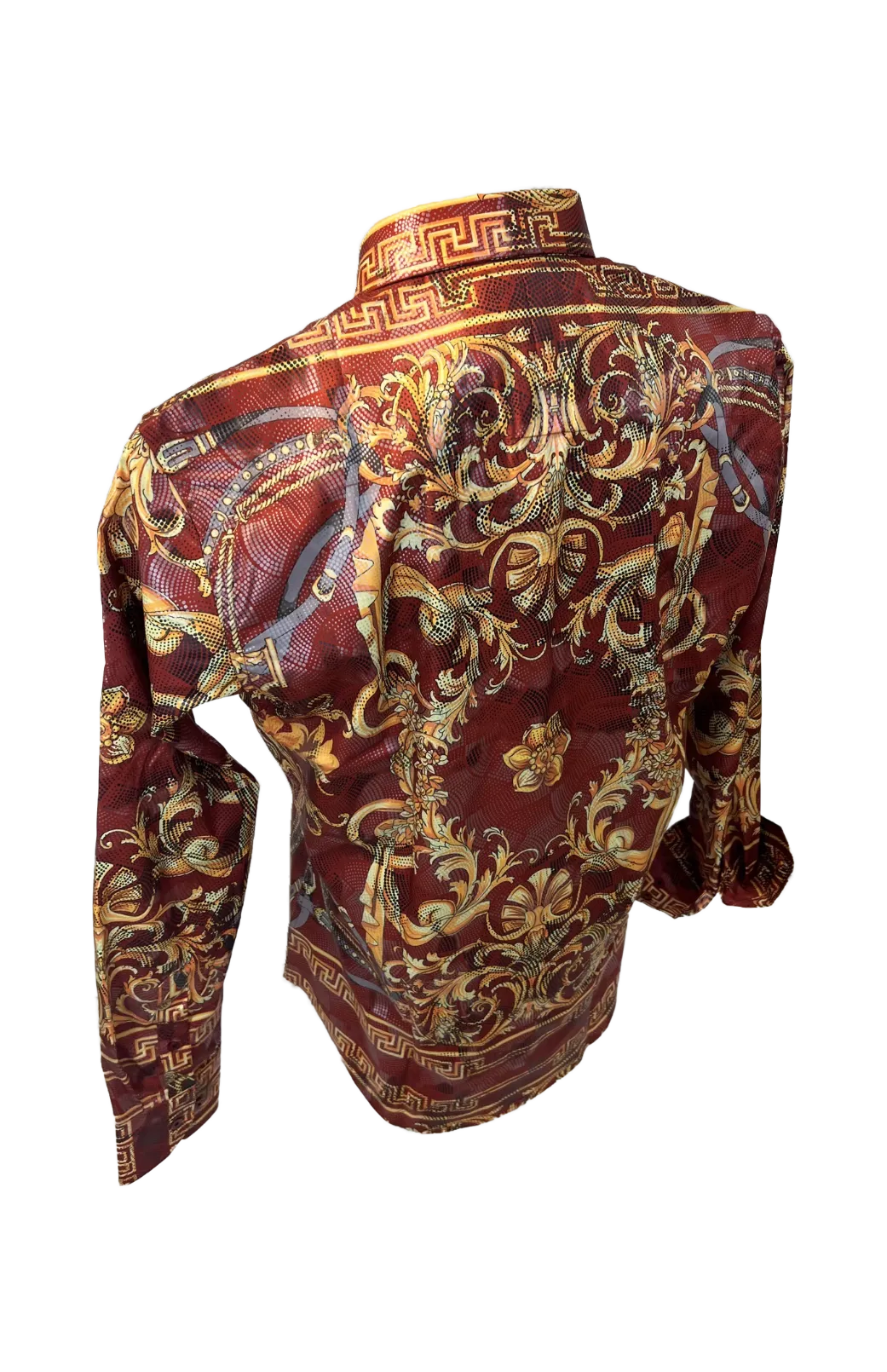 Men's Long Sleeve Button Down Dress Shirt Burgundy Red Gold Jewel Geometric