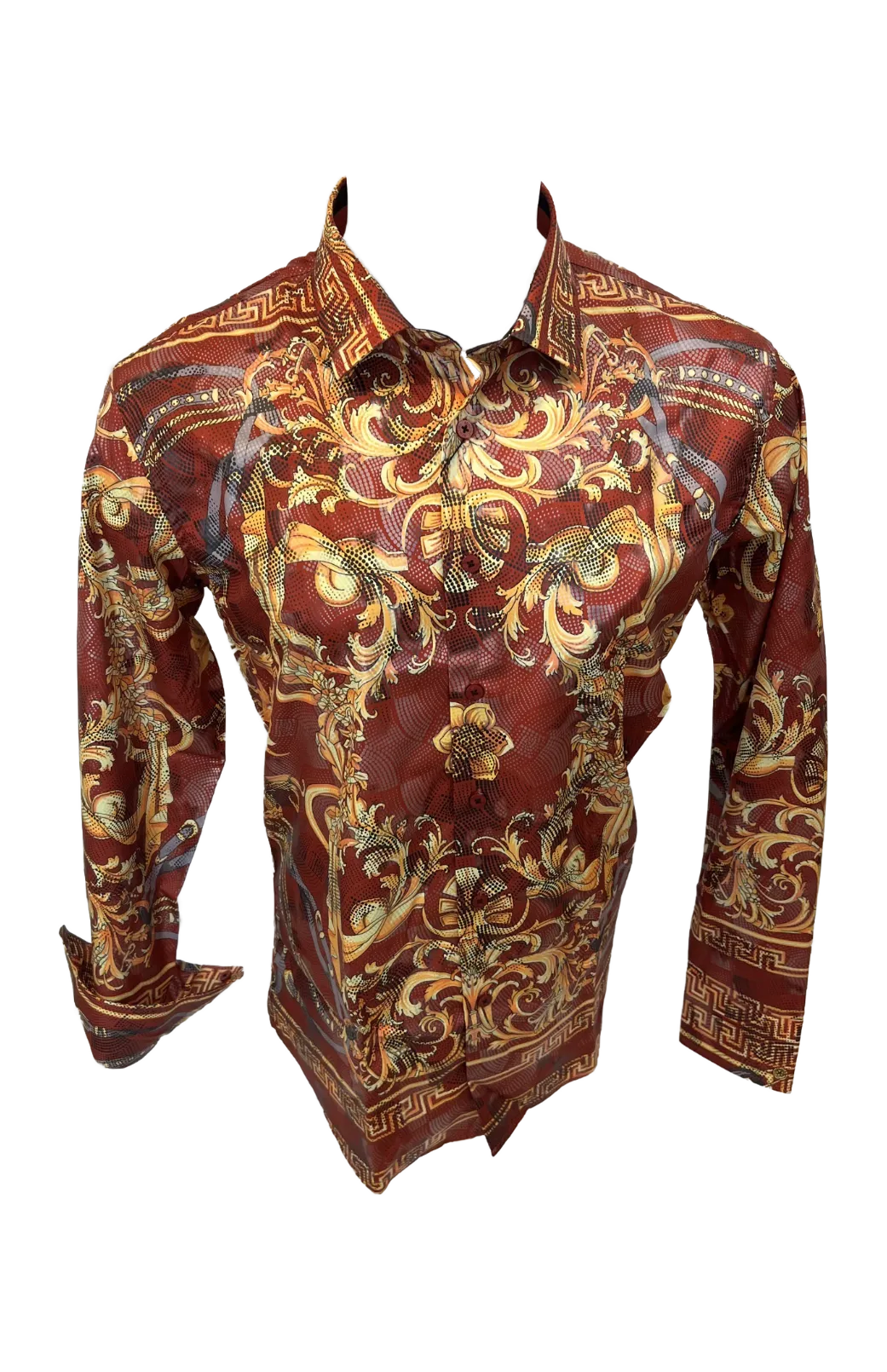 Men's Long Sleeve Button Down Dress Shirt Burgundy Red Gold Jewel Geometric