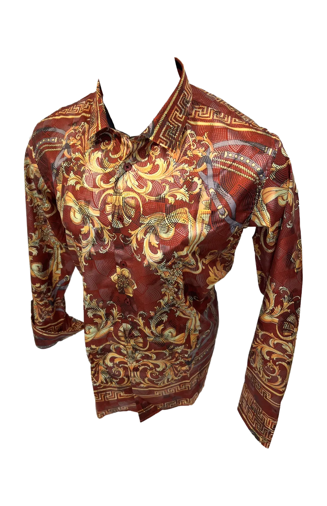 Men's Long Sleeve Button Down Dress Shirt Burgundy Red Gold Jewel Geometric