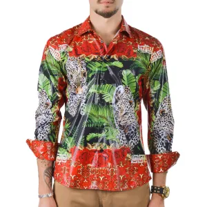 Men's Long Sleeve Button Down Dress Shirt Cheetah Leopard Black Red Gold Floral Rose