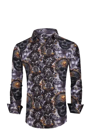 Mens PREMIERE Long Sleeve Button Down Dress Shirt Black Gold Skull Roses