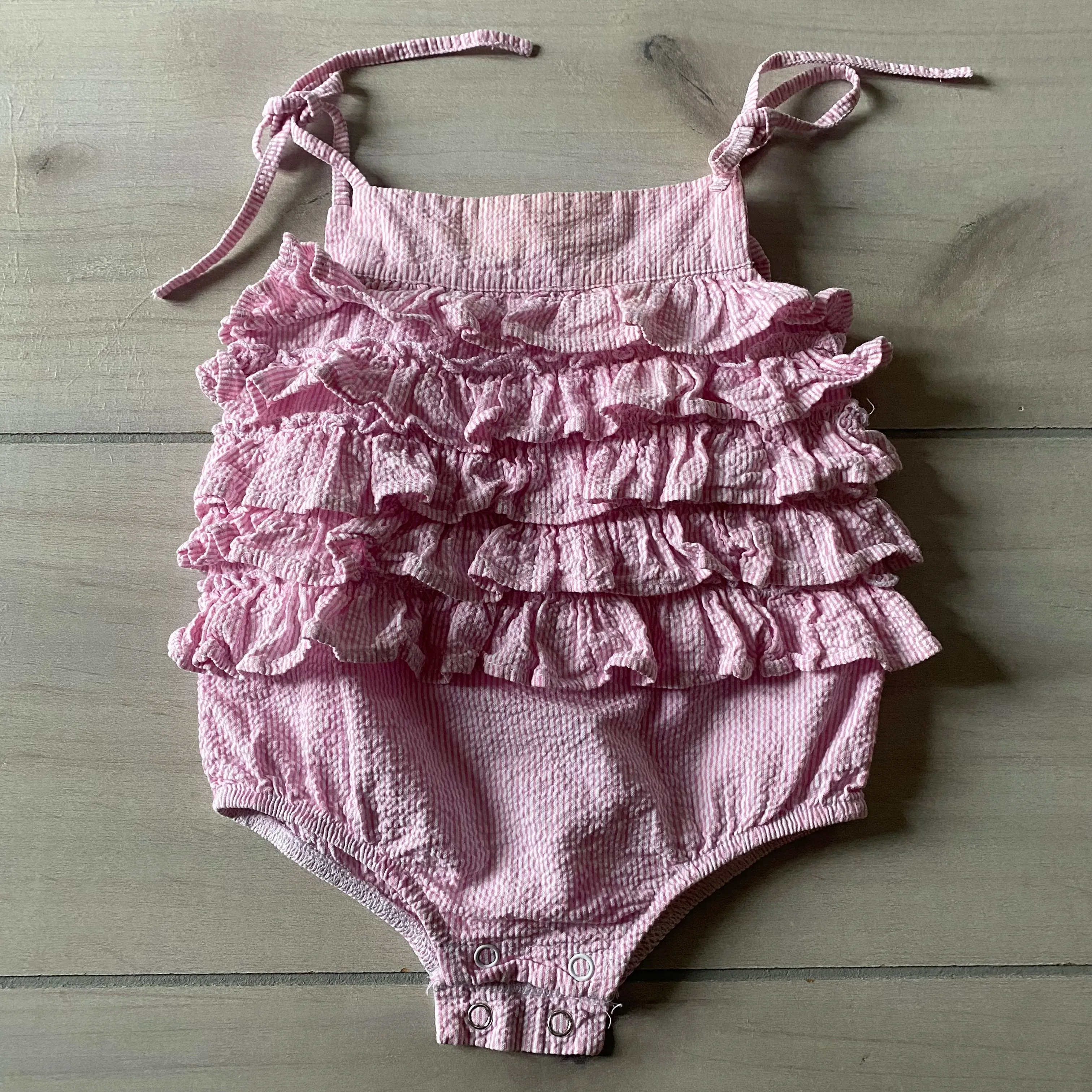 Mud Pie Baby Pink Striped Seersucker Ruffled Romper