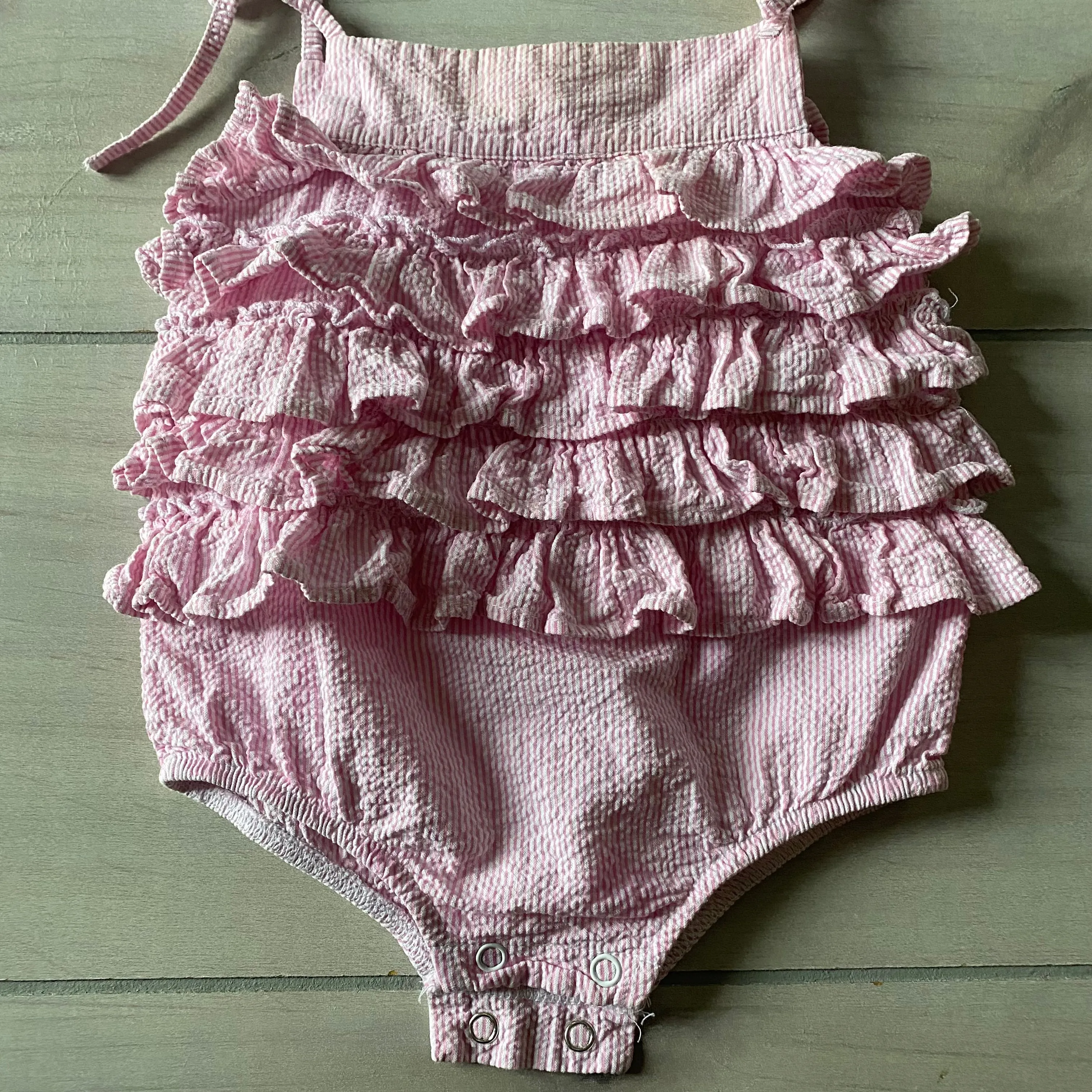 Mud Pie Baby Pink Striped Seersucker Ruffled Romper