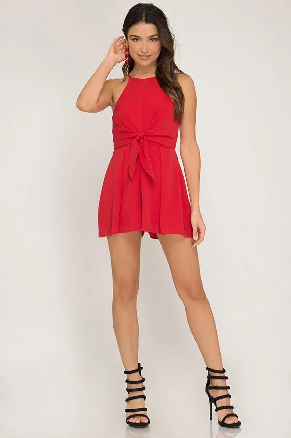 Navy Cami Romper With Front Tie Detail