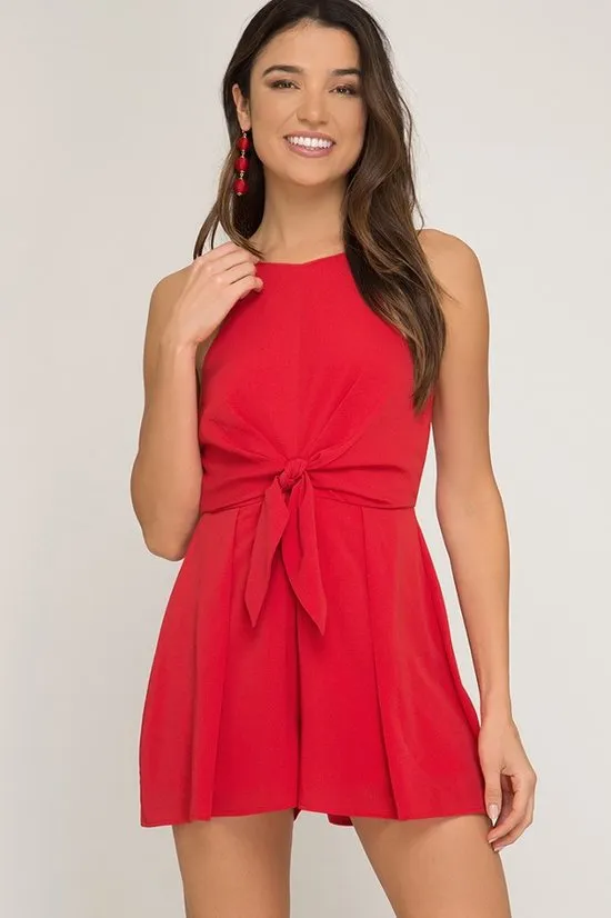 Navy Cami Romper With Front Tie Detail