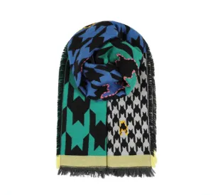 OMBRE LONDON - Aztec Print Scarf with Yarn Stitching in Blue Teal