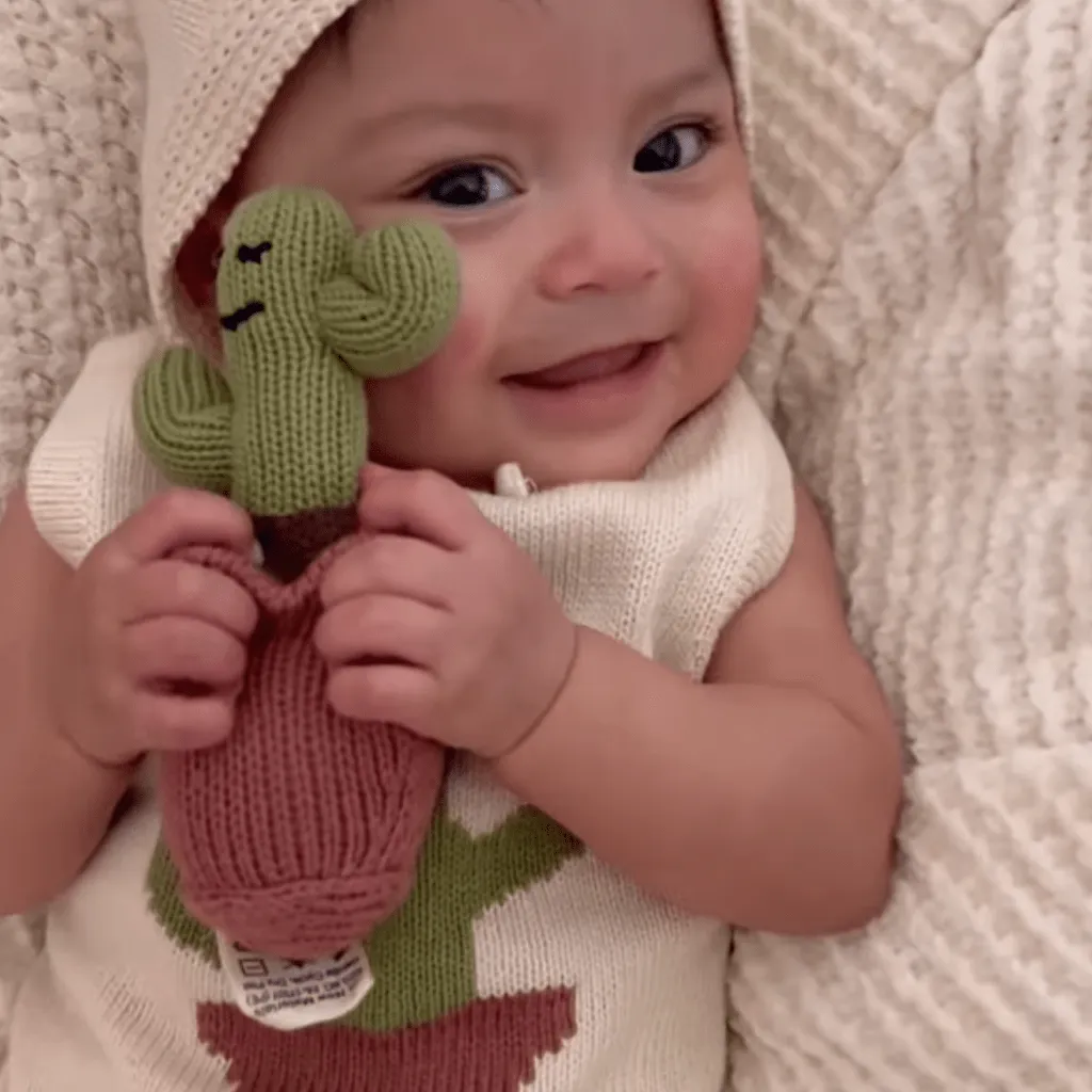Organic Baby Gift Set - Handmade Newborn Romper, Bonnet & Rattle Toy | Cactus