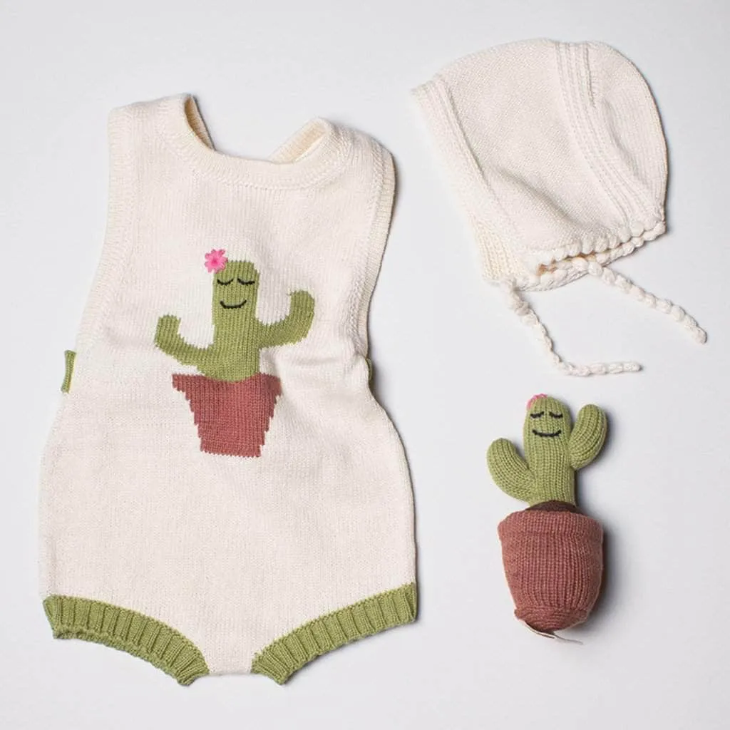 Organic Baby Gift Set - Handmade Newborn Romper, Bonnet & Rattle Toy | Cactus