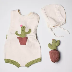 Organic Baby Gift Set - Handmade Newborn Romper, Bonnet & Rattle Toy | Cactus
