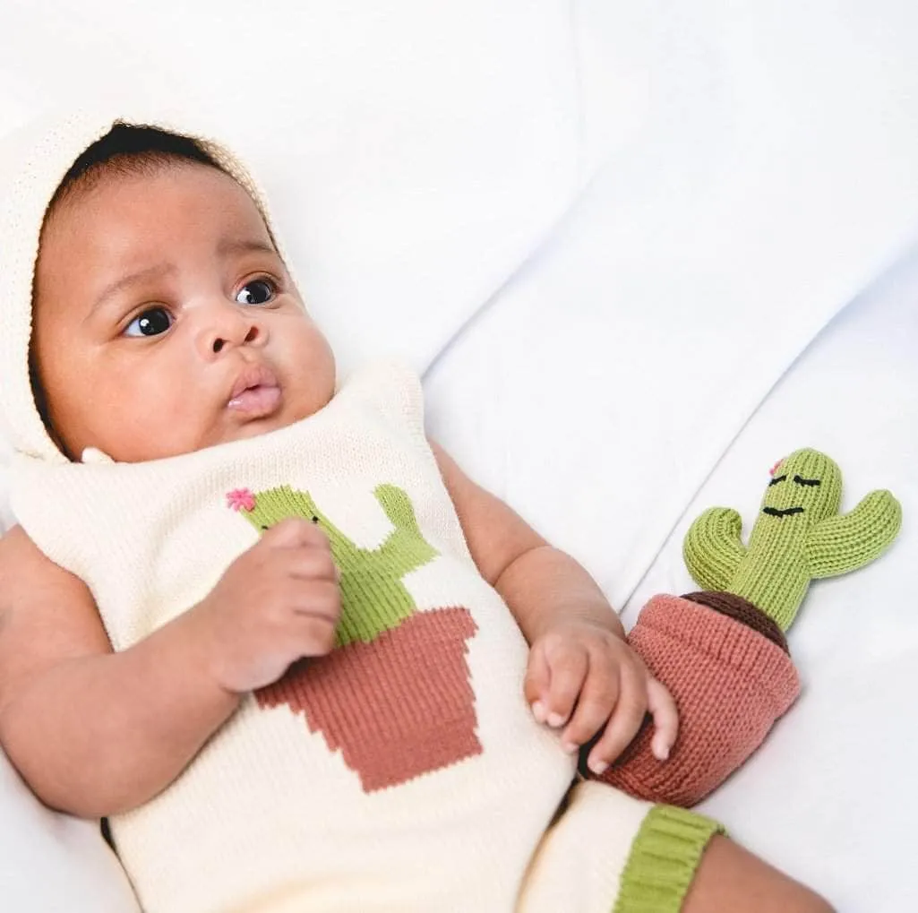 Organic Baby Gift Set - Handmade Newborn Romper, Bonnet & Rattle Toy | Cactus