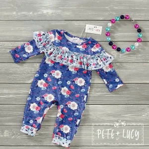 PETE   LUCY Country Denim Blue Floral Ruffle Baby Toddler Romper