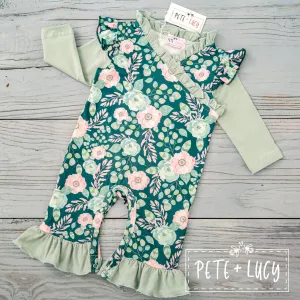 PETE   LUCY Sweet Emerald Green Ruffle Long Sleeve Romper Baby Toddler