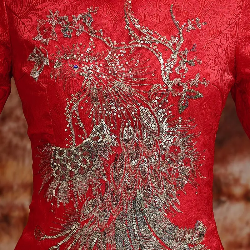Phoenix Sequins & Embroidery Tulle Skirt Chinese Wedding Party Dress