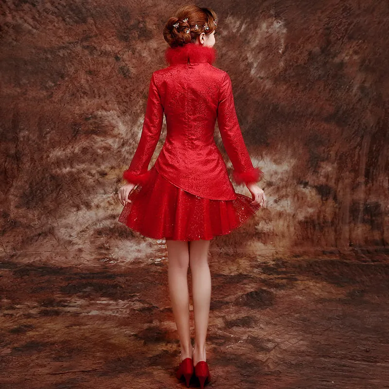 Phoenix Sequins & Embroidery Tulle Skirt Chinese Wedding Party Dress