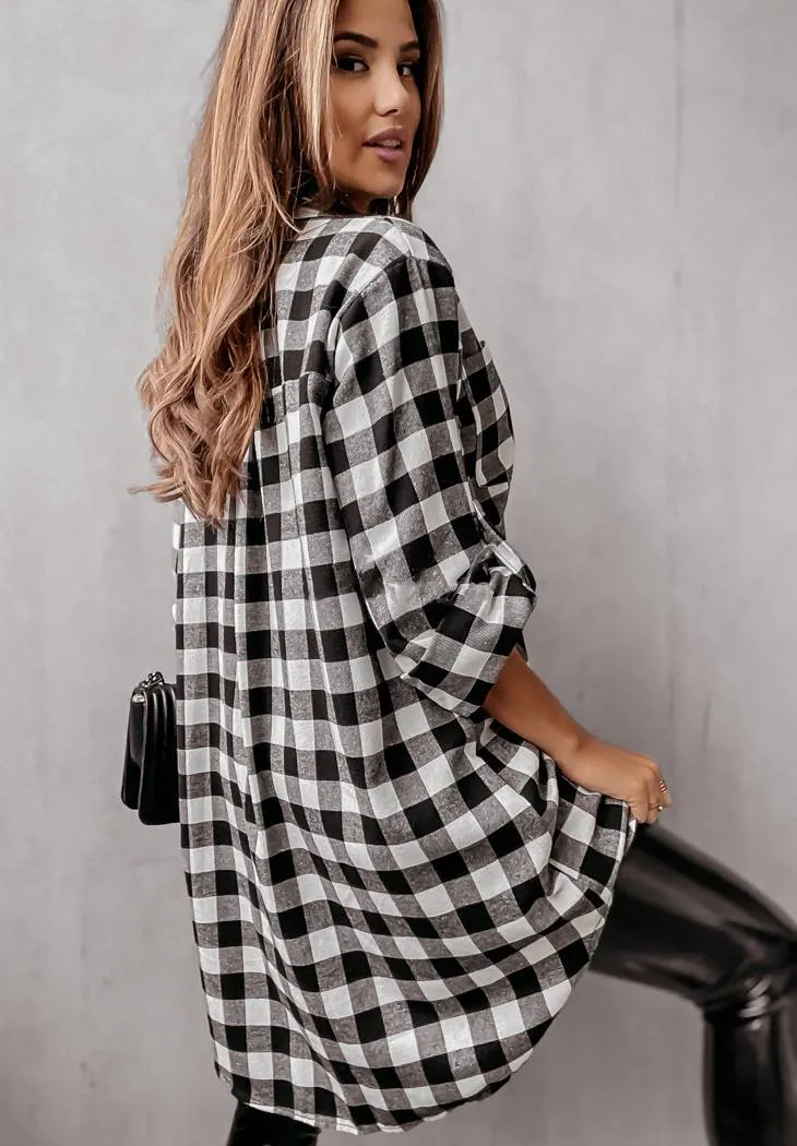 Plaid Tartan Lumberjack Shirt Dress White-Black