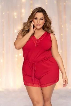 Plus Size Red Lace Trim Drawstring Romper Loungewear