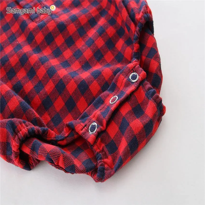 RED CHECK PATTERN SHORT LEG ROMPER WITH BOW TIE & BLUE JEANS PANTS