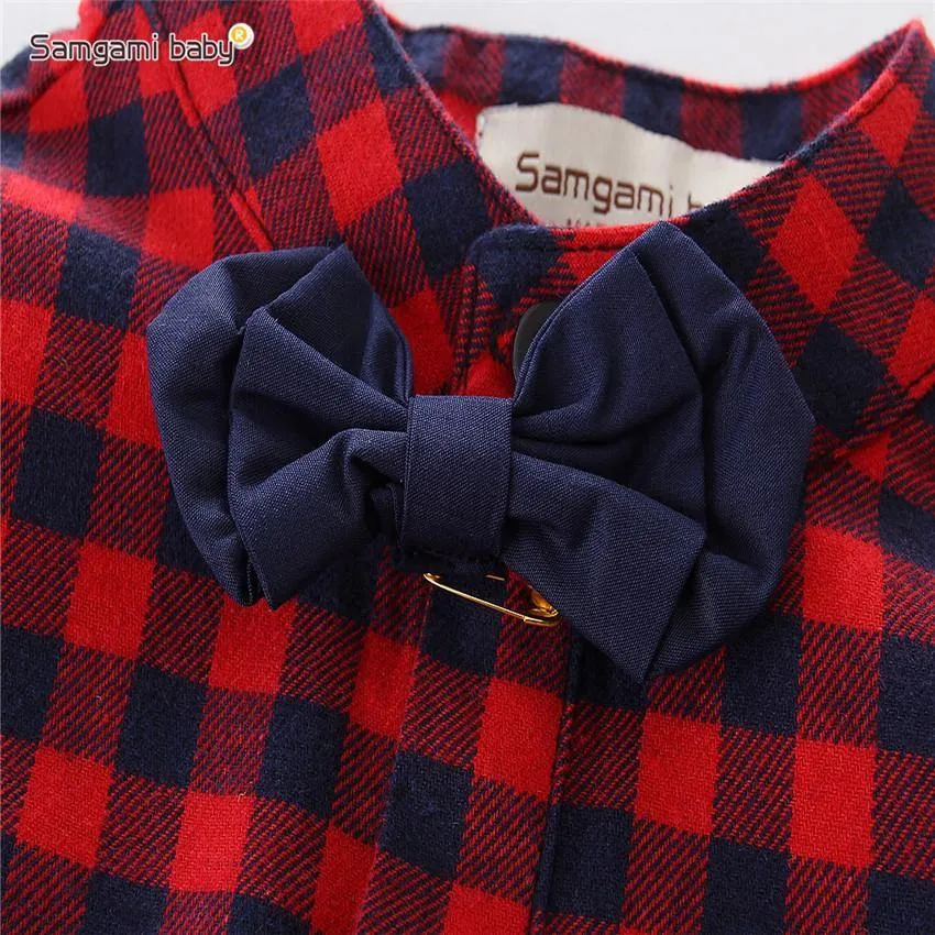 RED CHECK PATTERN SHORT LEG ROMPER WITH BOW TIE & BLUE JEANS PANTS