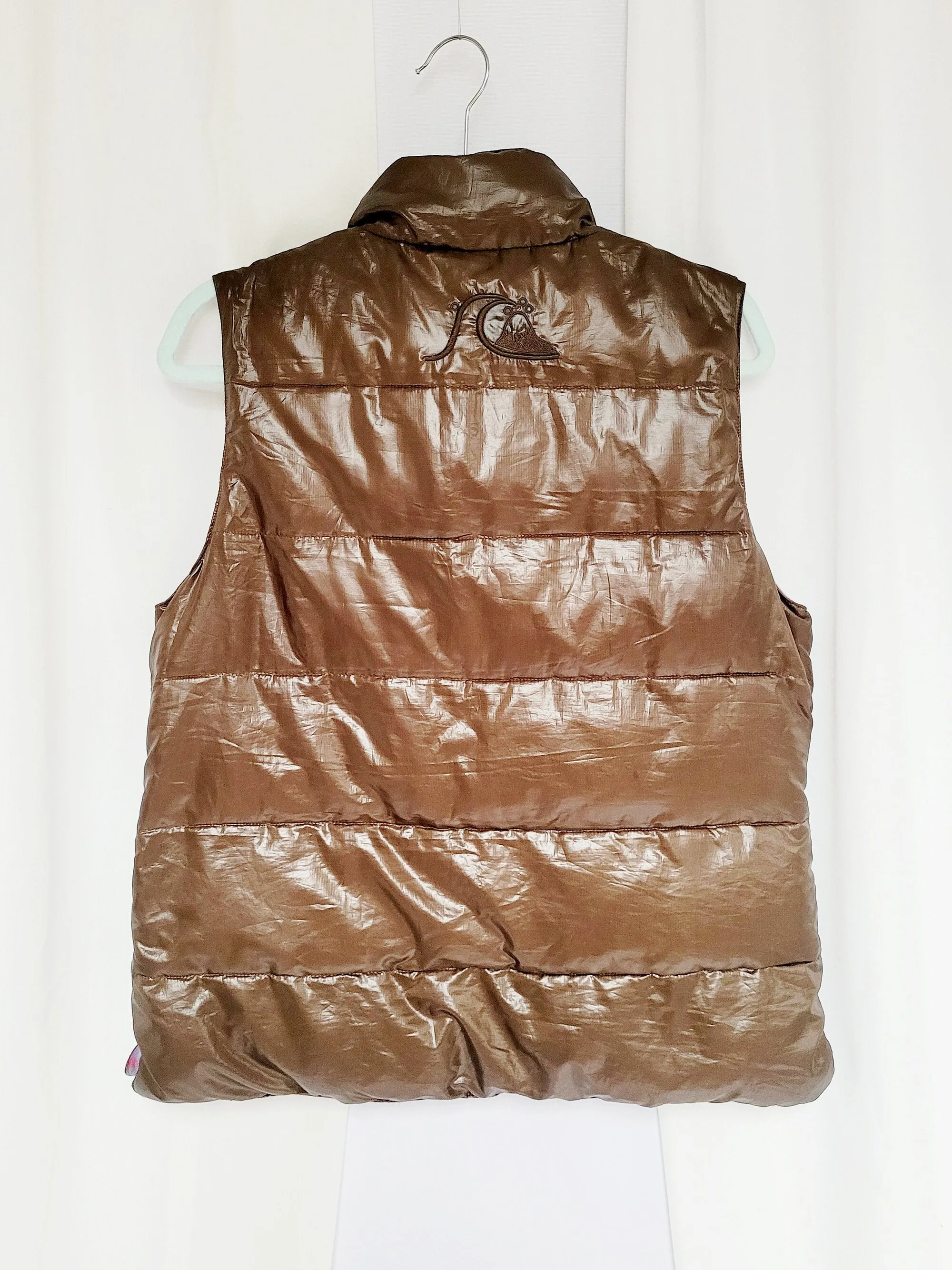 Retro 90s brown glossy wet look puff padded vest gilet