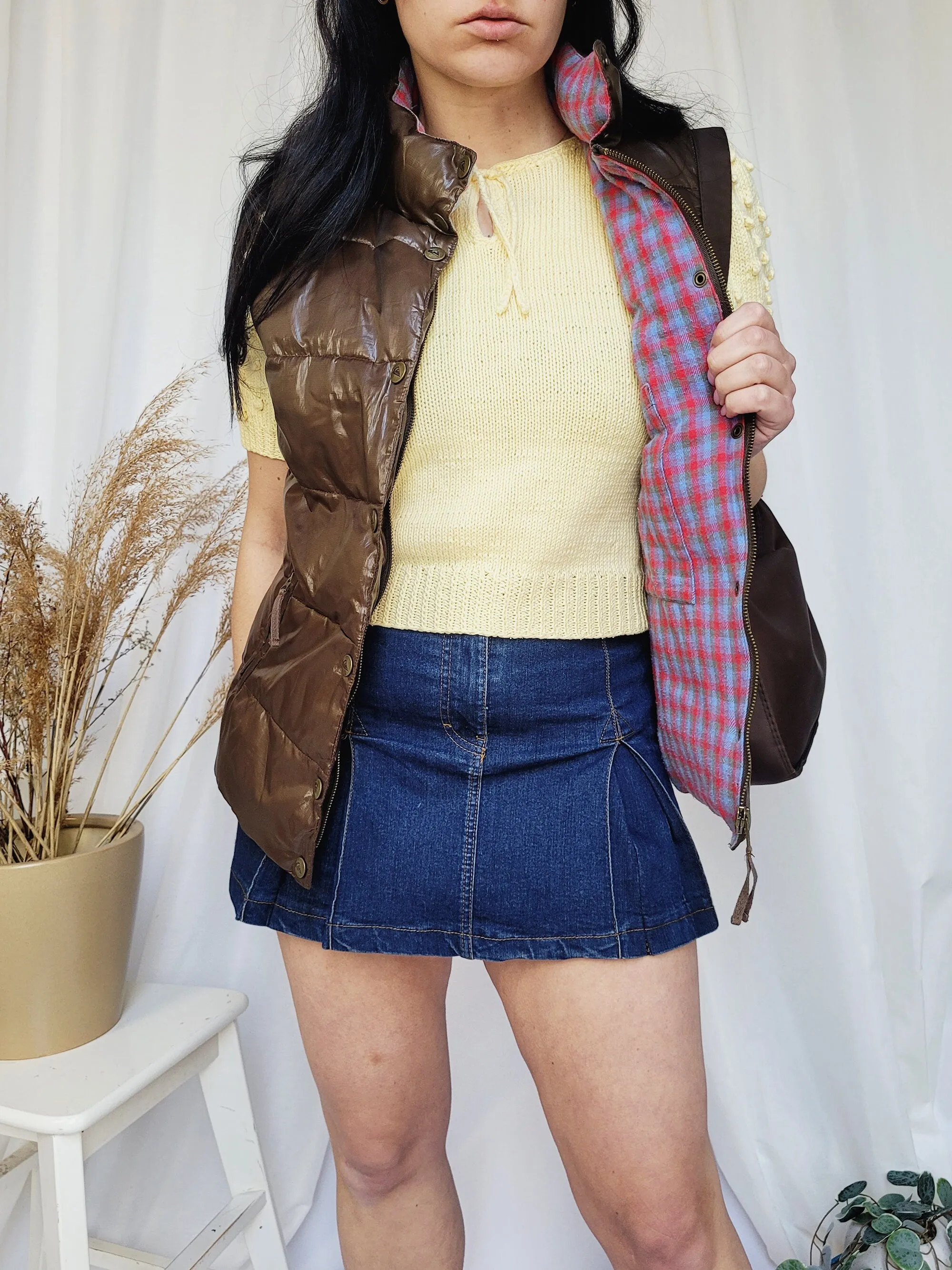 Retro 90s brown glossy wet look puff padded vest gilet