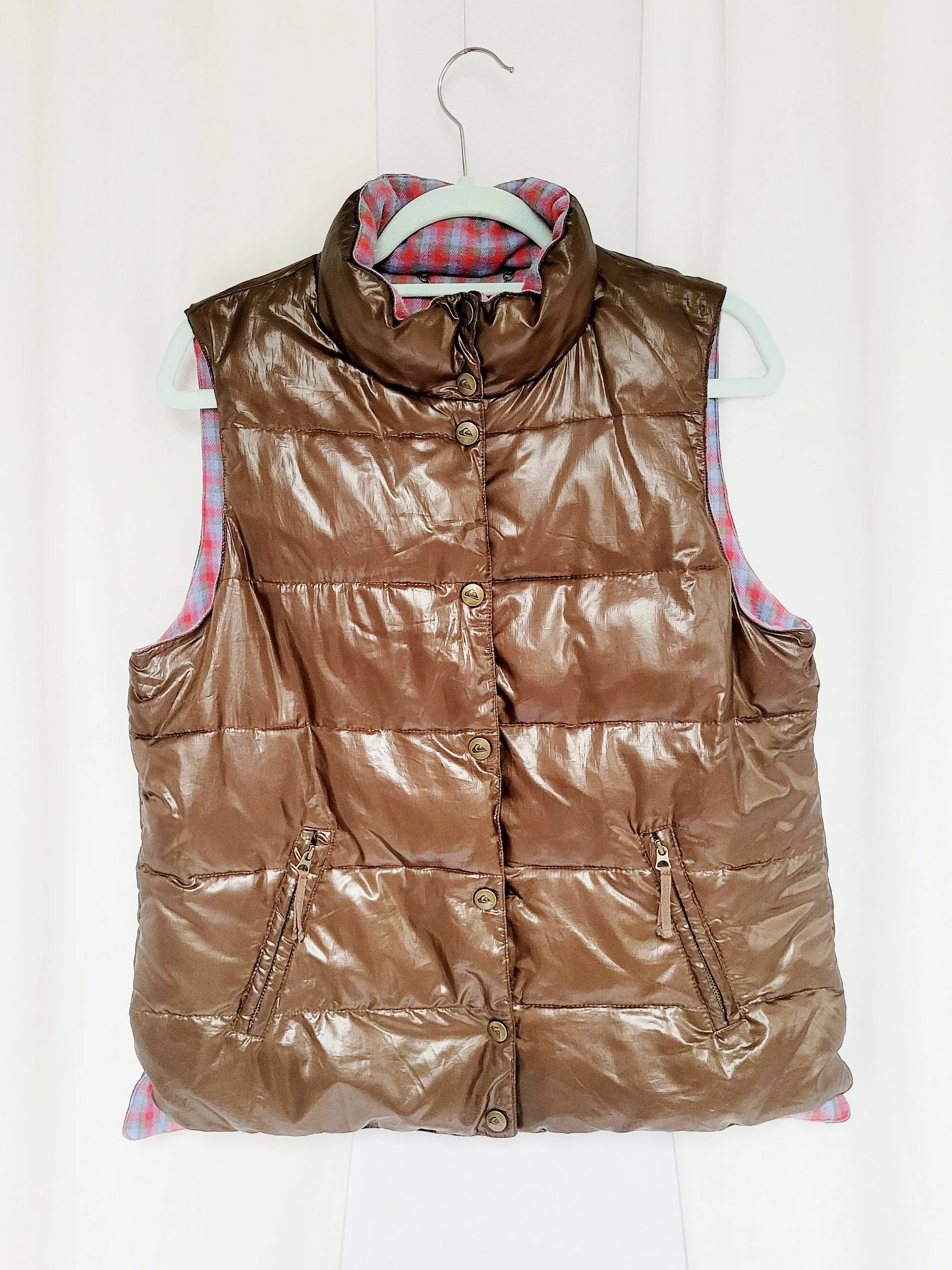 Retro 90s brown glossy wet look puff padded vest gilet
