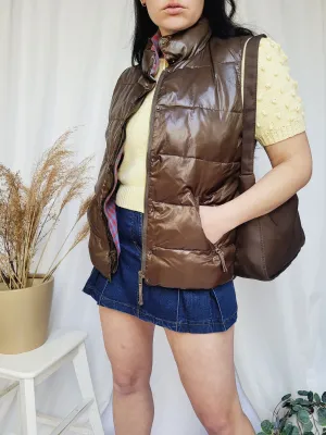 Retro 90s brown glossy wet look puff padded vest gilet