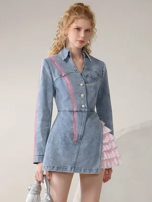 Set-Up Denim Layered Casual Spray Long-Tops＆Tulle-Skirt