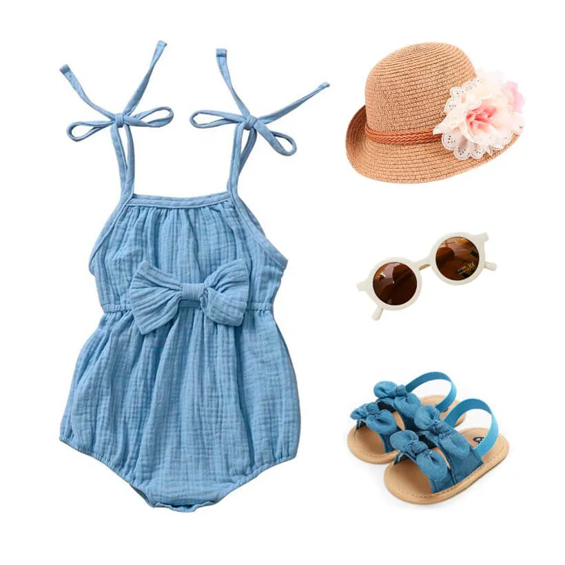 Straps Bow Solid Baby Romper