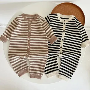 Striped Waffle Cotton Long Sleeve Romper