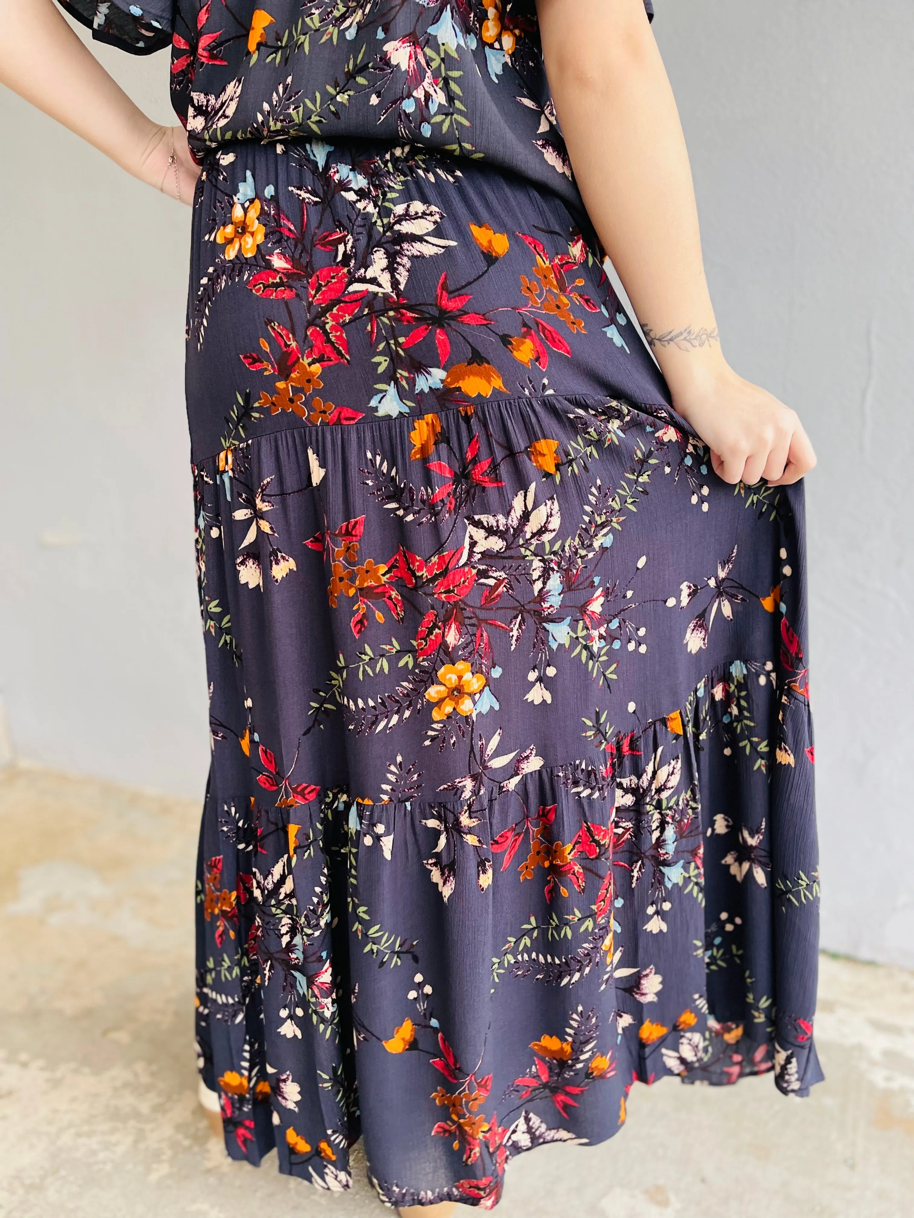 Teal Floral Layered Maxi Skirt