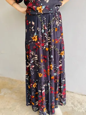 Teal Floral Layered Maxi Skirt