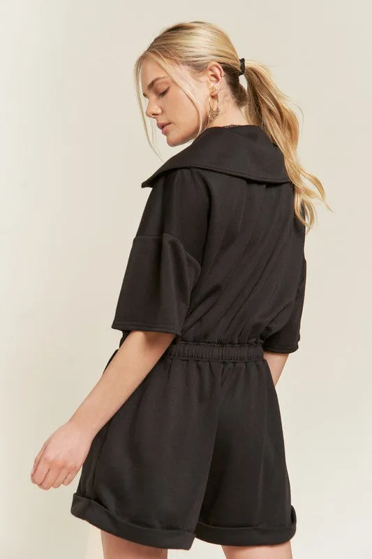 Terry Knit Black Collared Drawstring Shorts Romper