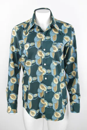 Vintage 70s fruit motif green shirt with dagger collar - M