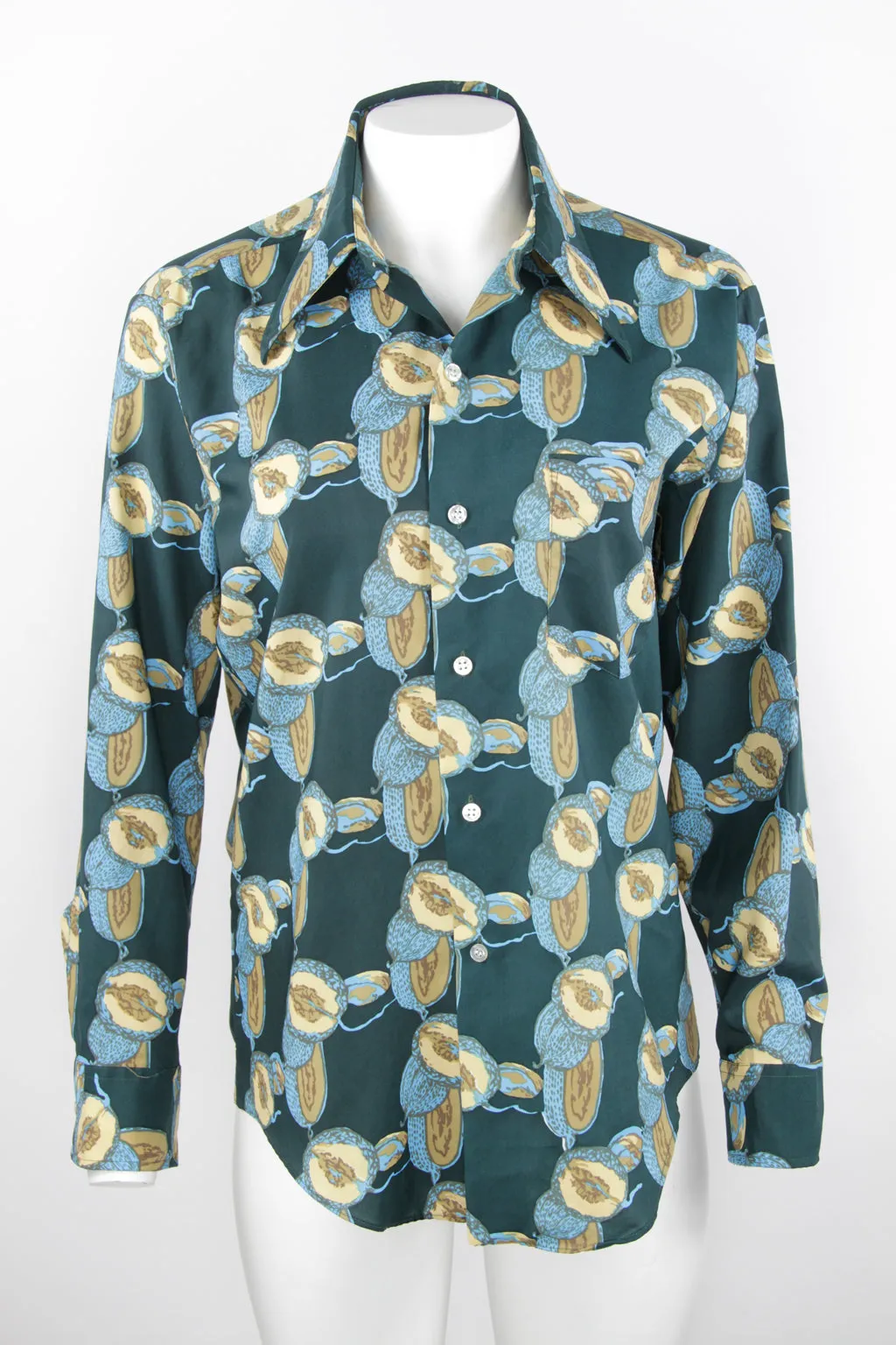 Vintage 70s fruit motif green shirt with dagger collar - M