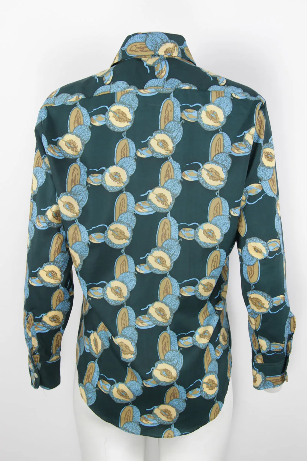 Vintage 70s fruit motif green shirt with dagger collar - M