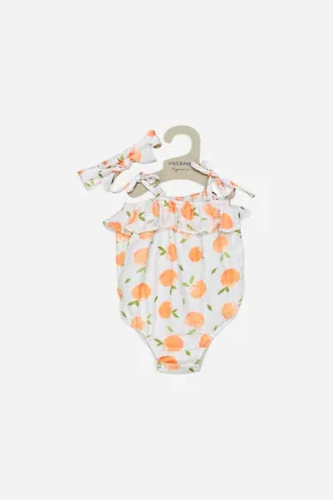 Viverano Peaches Shoulder Tie Bubble Romper   Headband in Natural